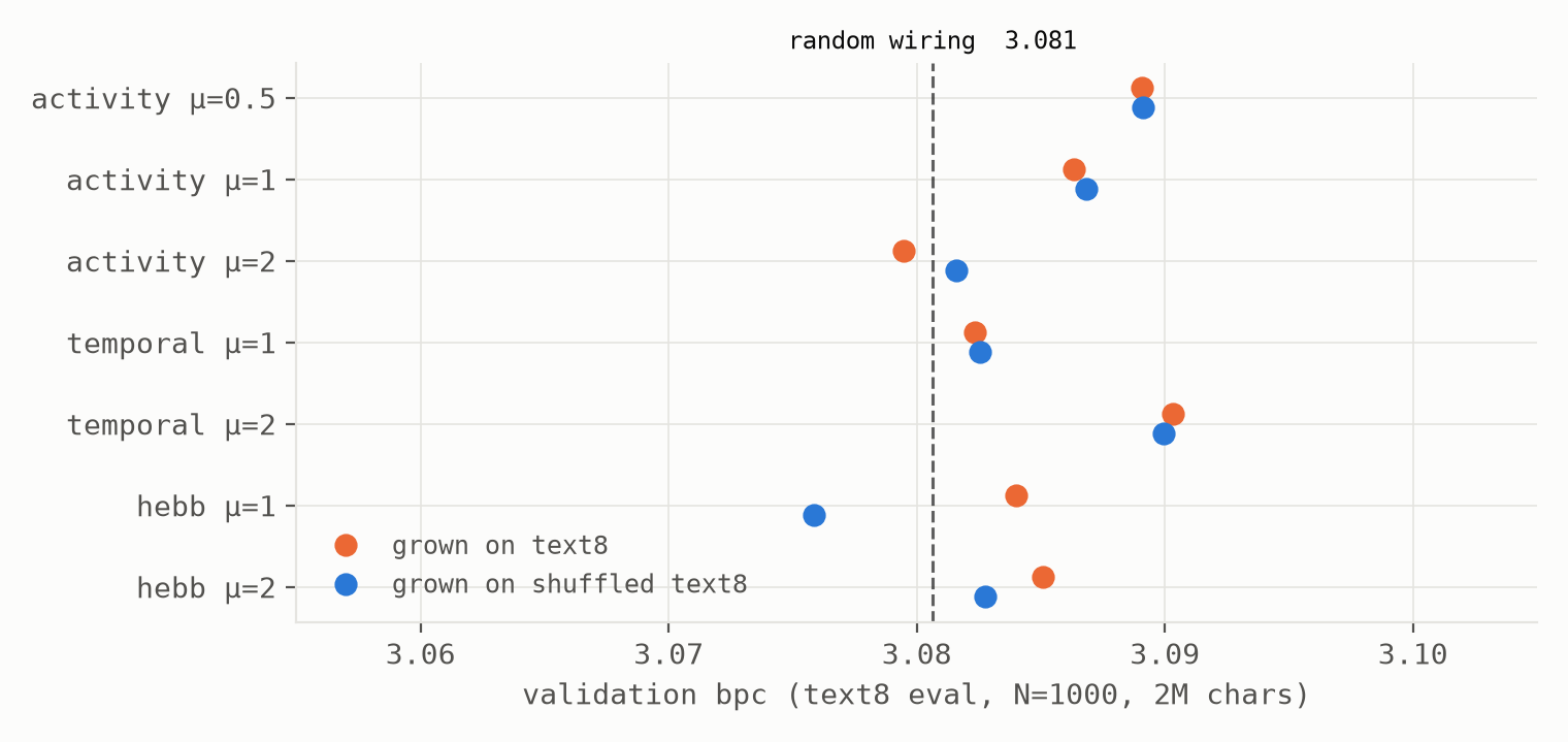 Dot plot of validation bits per character for eight growth arms, each with a text8-grown and a shuffled-grown dot; the pairs overlap at every arm and all dots sit within a few thousandths of the dashed random-wiring line.