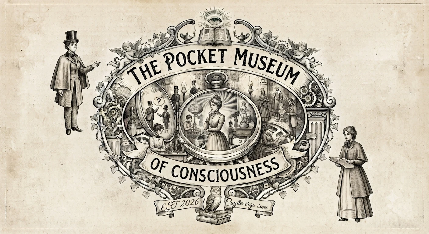 Engraved Victorian banner reading “The Pocket Museum of Consciousness”, est. 2026, motto “Cogito ergo sum”, with an owl, an all-seeing eye, and figures examining exhibits.
