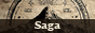 Saga ~~ 88×31 button, Teide carved into wood beneath an arc of glyphs, the name burnt across the foot