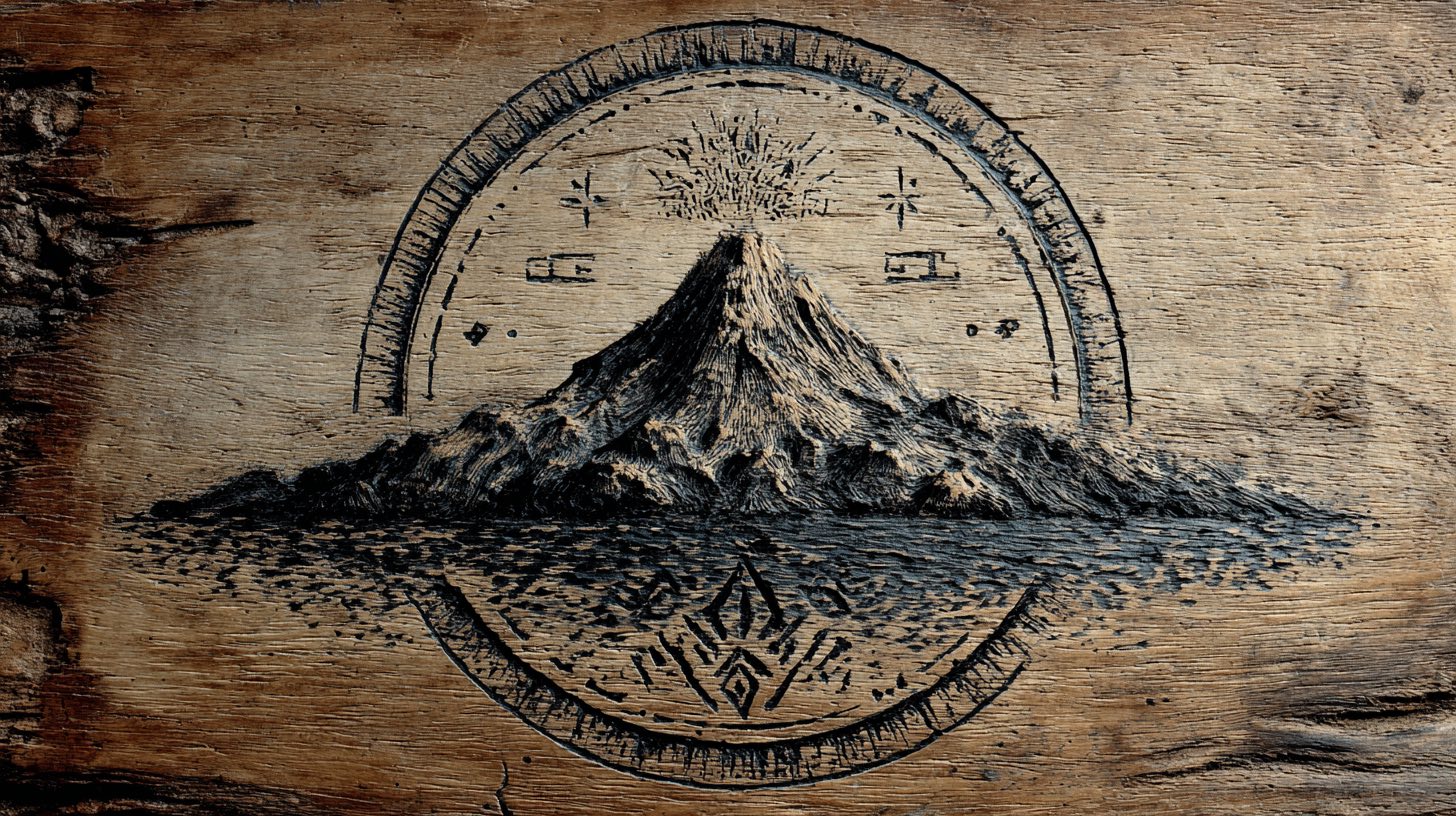 Nivaria ~~ the island carved in wood: Teide rising from the sea inside a ring of glyphs